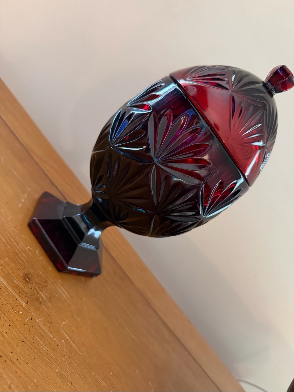 Vintage Ruby Red Cut-Glass Lidded Candy Dish